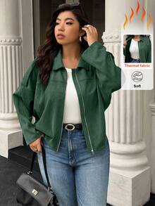 Easura Plus Size Women's Solid Color Drop Shoulder Long Sleeve Zip-Up Casual Fleece Jacket, Autumn/Winter