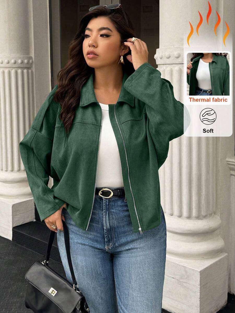 Easura Plus Size Women's Solid Color Drop Shoulder Long Sleeve Zip-Up Casual Fleece Jacket, Autumn/Winter