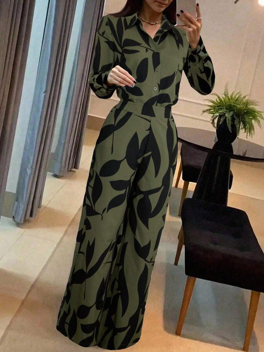 EMERY ROSE 两件套女士优雅法式套装，长袖衬衫和长裤，休闲服饰，春季大学秋季服装。 - 軍綠色 - 查看 1