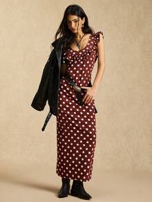 Easelle Vintage Women's Lace Trim, Polka Dot, Printed Long Dress Backless Ruffle  Long Summer Dress For Women  Party - Brown - View 5