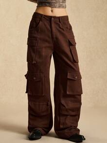 Easelle 咖啡棕色梭织女式休闲宽松工装裤，百搭时尚的街头服饰 - 摩卡棕 - 查看 3