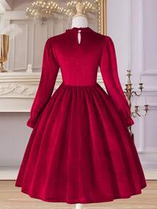 SHEIN Sparklyn Robe à manches longues élégante et polyvalente pour filles avec col en dentelle et décoration de nœud, convient pour les fêtes, les sorties, peut être associée à des vestes, gilets, manteaux - Rouge - Voir 2