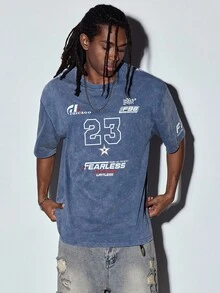 Modcrash 男士水洗复古休闲简约芝加哥23号星形印花短袖T恤，带有赛车元素，适合日常穿着，春夏款 - 藍色 - 查看 6