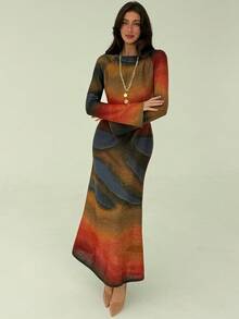 Aloruh Women's Elegant Ombre Flare Sleeve Fitted Mermaid Hem Dress, Vacation Style, Spring/Autumn - Multicolor - View 3