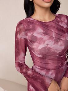 Veilorie 女式优雅扎染印花喇叭袖生菜边褶饰腰部阿拉伯风格连衣裙，春秋装 - 彩色 - 查看 6