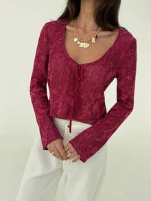 Aloruh Burgundy Sexy Sheer Long Sleeve Tie-Up Fitted Textured Sequin Fuzzy Women Top, Autumn/Winter - Burgundy - View 9