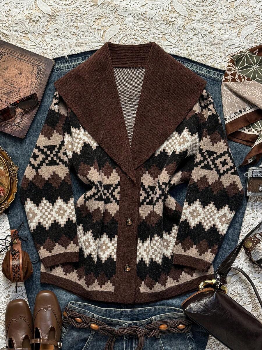 Easelle Vintage Women's Bohemian Style Geometric Pattern Long Sleeve Casual Knit Cardigan, Christmas Sweater Autumn/Winter New Year