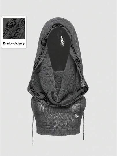 Goth Top court tricoté à capuche, à franges et brodé, style bohème gothique mystérieux pour femmes