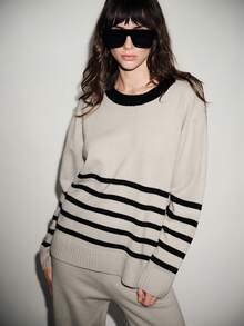 Lumivelle Conjunto de top de punto ajustado con rayas grises y pantalón de punto con cordón en la cintura, para otoño/invierno - Gris - Ver 6