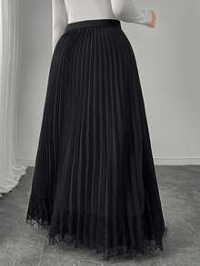 Modelyn 大码女式褶皱蕾丝拼接优雅百搭通勤裙 - 黑色 - 查看 2