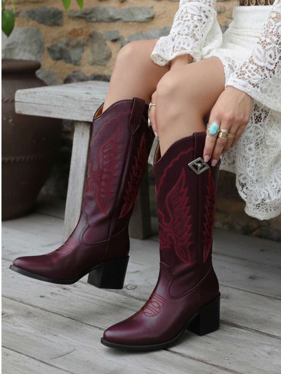 Women Mid-Calf Boots - Burgundy - View 1