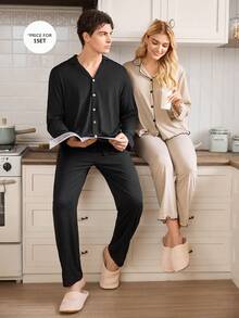 CoupledUp Soft & Comfortable Button Top & Pants Casual Loungewear Pajama Set For Men, Fall Winter Clothes - Black - View 6