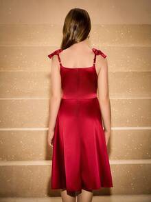 SHEIN Elegant Luxurious Burgundy Red,Summer,Special Occasion Big Tween Girl Bowknot Spaghetti Strap Off-Shoulder Midi Dress,Wedding Flower Girl Party Prom - Burgundy - View 2