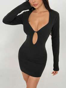 Flirla 1 件女士黑色深 V 领针织紧身连衣裙，弹力面料，适合日常穿着和通勤，性感冬装 - 黑色 - 查看 5