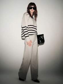 Lumivelle Conjunto de top de punto ajustado con rayas grises y pantalón de punto con cordón en la cintura, para otoño/invierno - Gris - Ver 7