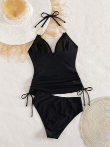 Swim Chiccia Women's Black Metal Jewelry V-Neck Wrinkle Drawstring Fashionable And Elegant Ladies Tankini, Suitable For Beach Music Festival Spring/Summer - Black - View 2