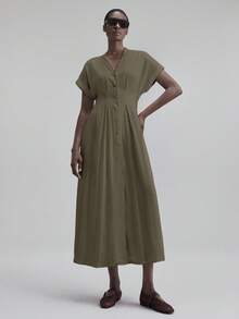 Ontre 女士纯色 V 领蝙蝠袖褶皱单排扣休闲长裙，适合城市通勤、商务休闲、办公室穿着、教师制服、优雅派对礼服、圣诞节、万圣节、海滩度假 - 軍綠色 - 查看 6