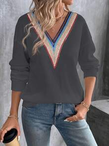 SHEIN LUNE Maglietta da donna a maniche corte, con scollo a V, in tessuto colorato e comodo, con inserti in pizzo, adatta per l'autunno - Grigio Scuro - Visualizzare 6