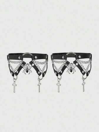 2pcs Women's Black Crystal Spider Accessory Chain Decor Gothic Leg Garter Shorts, Versatile For Halloween & Daily Wear