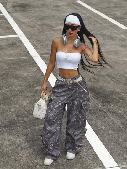 Coolane 女士秋季街头服饰复古 Y2K 音乐会狂欢节外出文艺复兴博览会迷彩图案带口袋绿色阔腿裤