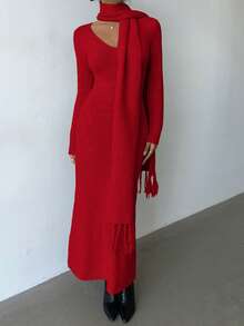 Elenzga Váy len cổ chữ V màu mơ nhạt thanh lịch, đơn giản, thoải mái, phong cách cổ điển kèm khăn tua rua, thích hợp cho việc đi lại và đi chơi vào mùa thu/đông - Đỏ - Xem 6