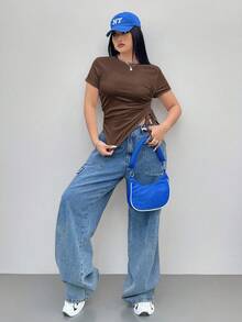 Coolane Women's Basic Plus Size Casual Asymmetric Pleated Short Brown Tee - Brown - View 3