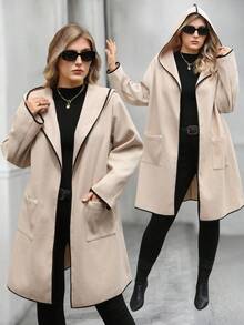 Juhart 大码女式纯色撞色条纹连帽开襟双口袋长袖中长款休闲优雅百搭外套 - 杏色 - 查看 7