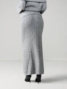 MISSGUIDED Ribbed Knit Maxi Skirt With Fold Over Waistband Long Column Pencil Skirt For Casual Fall Winter Outfits - Grey - View 2