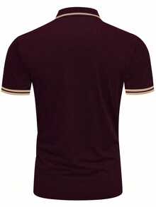 Manfinity Homme 男士酒紅色休閒夏季 Polo 衫，老錢風拼接條紋高爾夫球衫，刺繡細節棕色商務通勤時尚 T 恤，正式款 - 棕色 - 查看 2