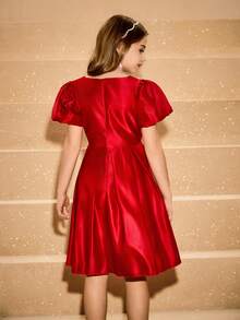 Tween Girls' Square Neck Puff Sleeve Pleated Rhinestone Elegant Halloween Christmas Party Dress - Red - View 2