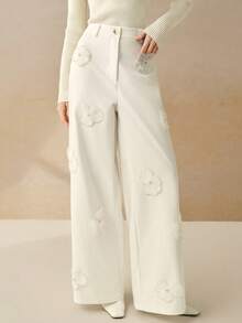 Cévolie White 3D Floral Decor Wide Leg Women Pants