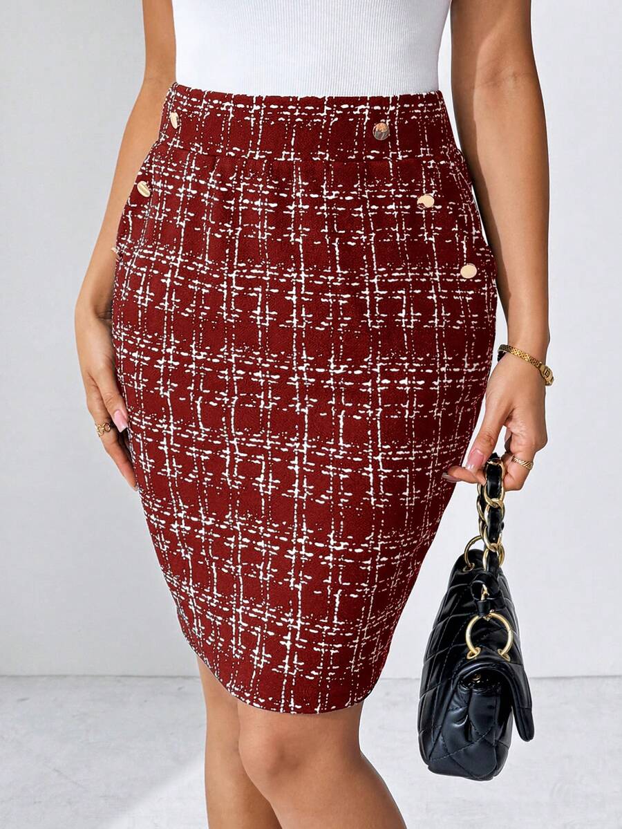 SHEIN Clasi Chân váy da giả thanh lịch có khóa kim loại bỏ túi dành cho nữ, thích hợp để đi làm, mặc thường ngày, mùa hè - Màu Đỏ Sâu - Xem 1