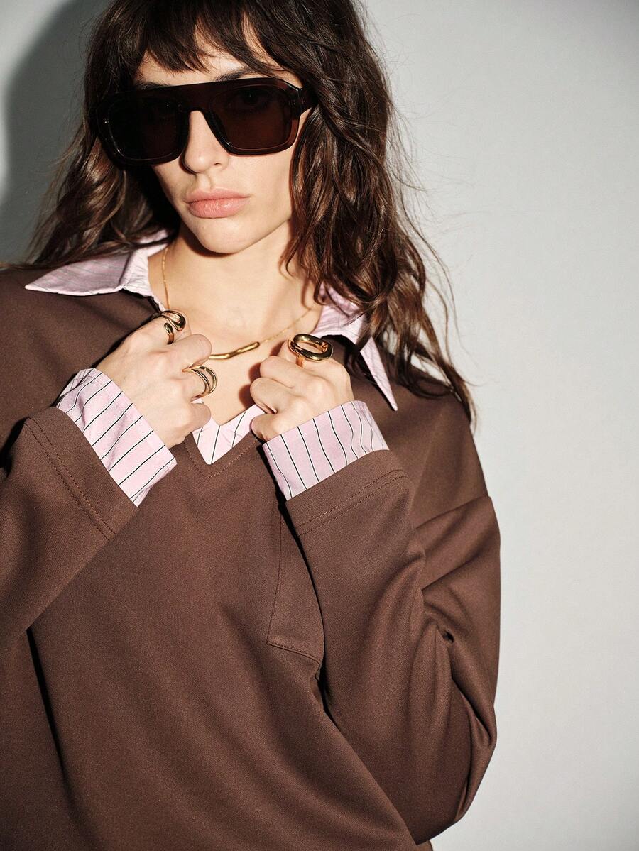 Lumivelle 时尚条纹二合一运动衫 - 咖啡棕 - 查看 1