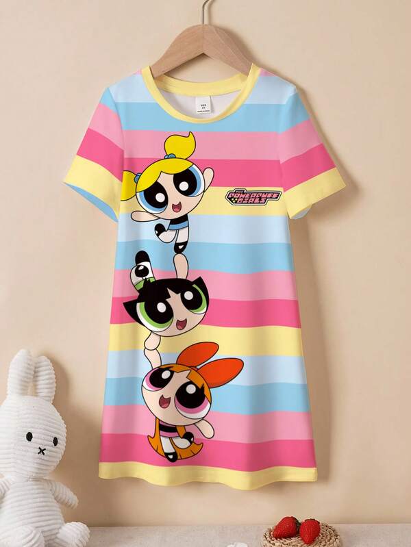 THE POWERPUFF GIRLS X SHEIN Young Girl Summer Casual Cartoon And Colorful Striped Print Short Sleeve Tee Dress