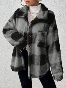 EMERY ROSE Plus Size Women Plaid Drop Shoulder Long Sleeve Single-Breasted Fuzzy Jacket, Autumn/Winter - Dark Grey - View 3