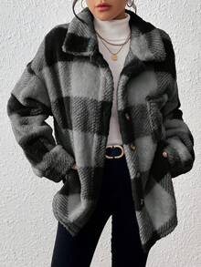 EMERY ROSE Plus Size Women Plaid Drop Shoulder Long Sleeve Single-Breasted Fuzzy Jacket, Autumn/Winter - Dark Grey - View 4