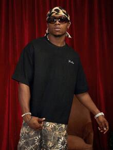 PAVTROS Manfinity Streetrush 男士街头风流行 INS 同款男士休闲印花圆领落肩短袖 T 恤，图案 T 恤，街头服饰，保暖冬季，圣诞节，男友礼物 - 黑色 - 查看 8