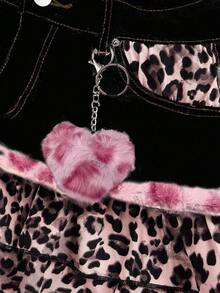 ROMWE Kawaii Leopard Print Patchwork Cute Denim Mini Skirt - Pink - View 4