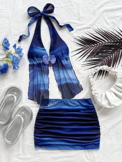 SHEIN x Eduarda Gutierrez Soleia 女式复古扎染花卉印花针织网眼露背系带上衣和褶饰迷你裙套装，适合派对、约会、下午茶、海滩、狂欢节、夏季