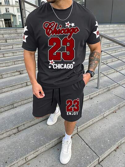Manfinity Homme 2pcs/Set Classic Grey Casual Chicago + Number 23 + Star Graphic Design Round Neck Short Sleeve T-Shirt And Shorts, Versatile Fashion Casual Short Sleeve Shorts Sports Suit