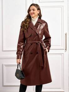 Ellevyn 安哥拉红色 PU 皮革保暖内衬系带长袖长款风衣 - 紅木色 - 查看 4