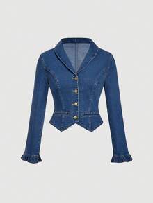 Sweetra Chaqueta de mezclilla ajustada con cuello vuelto, puños con volantes y abertura delantera, de estilo casual y elegante - Azul lavado oscuro - Ver 1