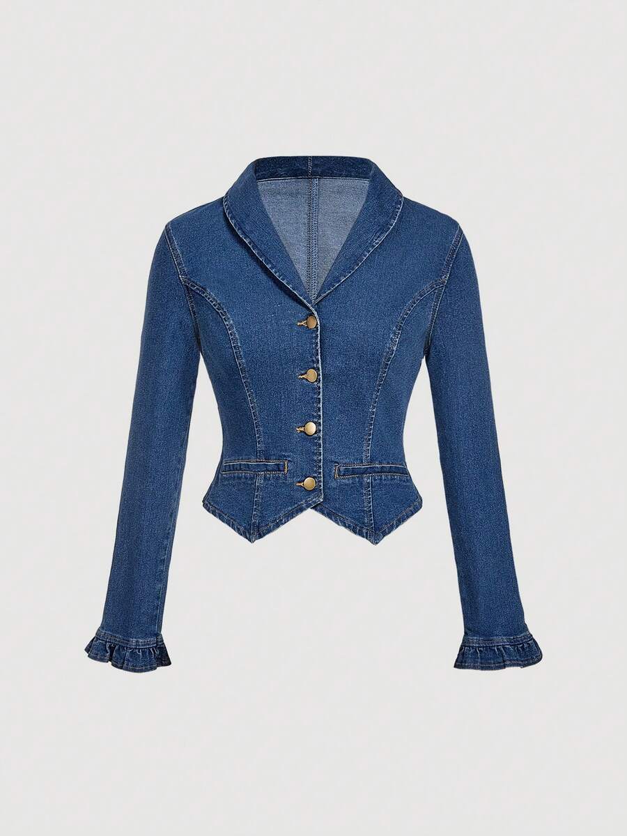 Sweetra Chaqueta de mezclilla ajustada con cuello vuelto, puños con volantes y abertura delantera, de estilo casual y elegante - Azul lavado oscuro - Ver 1