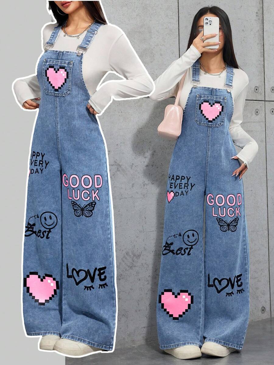 Teen Girl Y2K New Floral Heart Rainbow Graffiti Cute Print Fashion Casual Soft Denim Overall Jumpsuit Without Tee,Girls Baggy Straight Leg Jeans Overalls,Gilrs Fall Autumn Winter Clothes,Back To School Homecoming Streetwear Outfits, Girl Y2k Outfit, Girls Cute Set, 90s Girls Outfit, Cutesy Clothes - Medium Wash - View 1