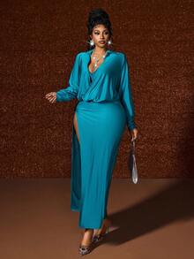 Maweii Plus Size Women's Elegant Shiny Satin Light Teal,Autumn,Night Out Club High Slit Maxi Dress,Deep V-Neck Long Sleeve Backless Formal Party Dress - Multicolor - View 5