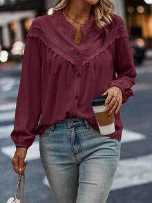 SHEIN LUNE Plus Size Casual & Work Solid Color Lace Trim Blouse - Burgundy - View 4