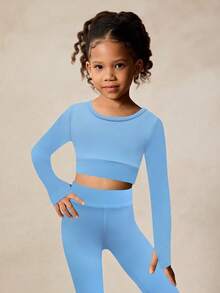 Young Girls Activewear Set, High Stretch Long Sleeve, Criss-Cross Hollow Back Design Sportswear, Back To School, Casual - Blue - View 5