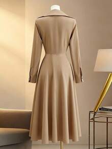 SHEIN Franclia Fashionable And Elegant Khaki Autumn Women's Dress With A Fitted Waist, A-Line Neck, And Long Sleeves; Party Dress; Elegant Dress; Thanksgiving Outfit; New Year's Dress; Chic And Elegant Thanksgiving Outfit; New Year's Clothing; Elegant Party Dress For Women.