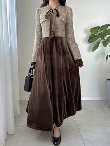 FRIFUL 女士优雅长款系带腰部常规肩长袖连衣裙 - 咖啡棕 - 查看 5