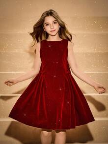 Tween Girl' 优雅酒红色天鹅绒无袖腰部收紧露背蝴蝶结可拆卸荷叶边下摆连衣裙，正式礼服 - 酒紅色 - 查看 4